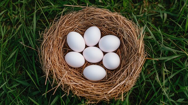 Nest with white eggs resting on green grass, nature's delicate beauty.