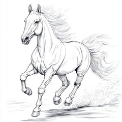 A majestic white horse galloping energetically, showcasing its strength and grace in a dynamic sketch-style illustration.