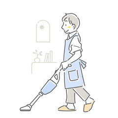 家事・育児をする若い男性　育児休暇取得　シンプルでお洒落な線画イラスト