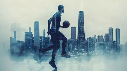 A silhouette of a basketball player dribbling in front of a city skyline.