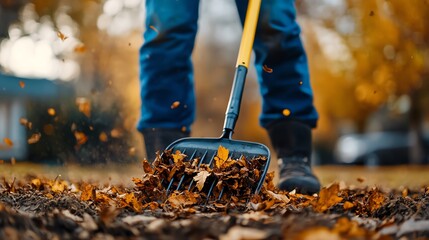 Naklejka premium Person raking autumn leaves in a vibrant fall landscape, colorful foliage surrounding.