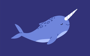 Narwhal, cute marine animal with horn, tusk. Kawaii adorable underwater unicorn fish. Happy fancy undersea water creature swimming in tropical sea. Kids childish flat vector illustration © Good Studio