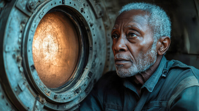 Elder african american man reflecting inside historic submarine exhibit during daytime