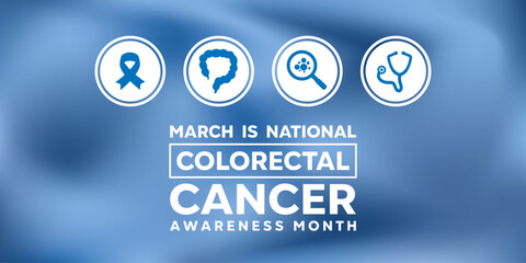 March Is National Colorectal Cancer Awareness Month. Intestines, ribbon, magnifying glass and stesthoscope. Great for cards, banners, posters, social media and more. Blue background. 