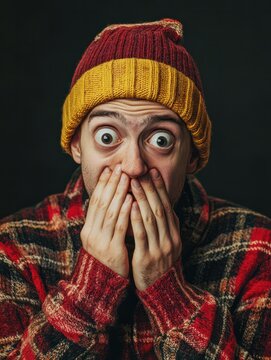 Human facial expressions, feelings, reaction and attitude. Puzzled terrified young European man in holiday cap covering mouth in shock because he forgot to buy present on his friend's birthday