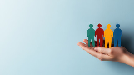 Hand cradling colorful figures representing diversity and unity. This artistic representation emphasizes importance of inclusion and community support