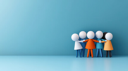 Colorful figures embracing each other in supportive manner, symbolizing unity and friendship. scene features blue background and playful design elements