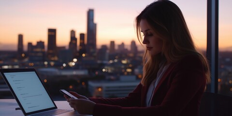 Fototapeta premium A young woman is seated at her desk with a smartphone in hand, with a quiet city skyline behind her