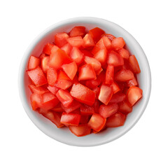 Bowl of fresh diced tomatoes, vibrant and juicy, isolated on transparent background.