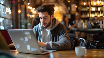 Obraz premium A cheerful young man in a casual setting, using a laptop in a trendy cafe with warm lighting. Perfect for technology, work, leisure and modern lifestyle concepts.