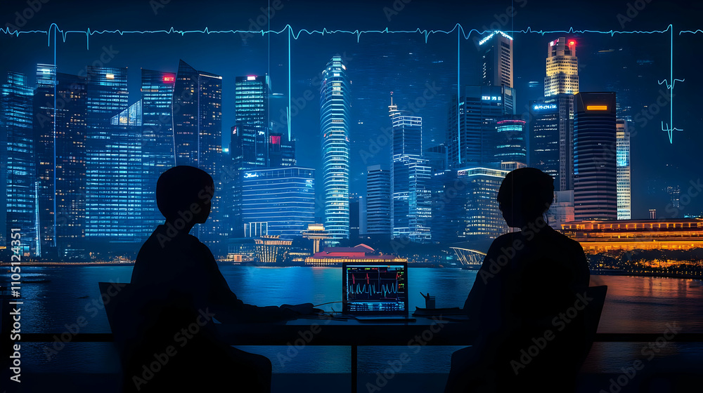 Poster Silhouettes of two people analyzing data against a city skyline with a heartbeat graph.