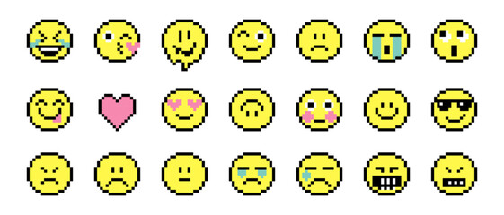 Smile icons collection. Set of emoticons pixel art. Emoji pixelated icon pack. Various faces. Pixels Y2k trendy playful emoticon stickers. 8-bit retro style vector illustration for social media