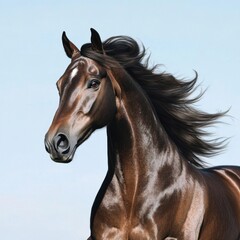 Obraz premium A stunning brown horse with a flowing mane stands majestically against a clear blue sky, exuding strength and beauty.