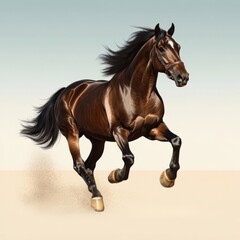 Obraz premium A stunning black horse gallops gracefully, showcasing its muscular build and flowing mane against a soft background.