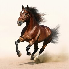 Fototapeta premium A majestic brown horse galloping gracefully, showcasing strength and elegance against a soft, neutral background.