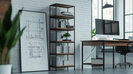 洗練されたモダンオフィスのワークスペースとシェルフ | Sleek Modern Office Workspace with Shelf and Blueprint