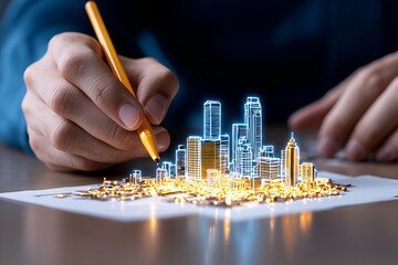 A person uses a stylus to create a glowing, 3D representation of a city skyline on paper, blending art with technology.