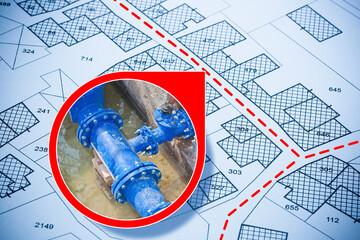 LOOKING FOR DAMAGE ON THE HYDRAULIC SYSTEM - Concept with imaginary city map and icon of a...