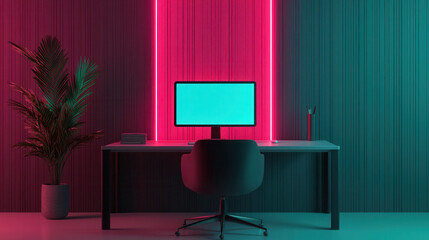 modern workspace featuring sleek desk, computer, and vibrant neon lights. stylish design creates dynamic atmosphere, perfect for productivity and creativity