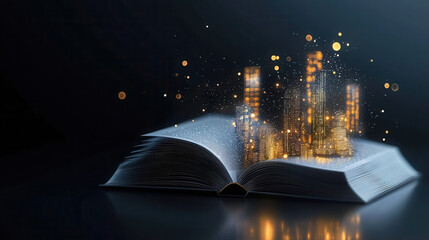 open book with glowing cityscape emerging from its pages, symbolizing imagination and creativity