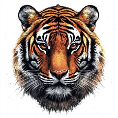 Fototapeta premium Close-up illustration of a majestic tiger's face with striking orange and black stripes, exuding power and intensity.
