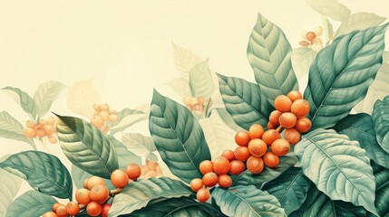 Naklejka premium Lush coffee plant branches with ripe red berries and vibrant green leaves.