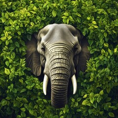 A majestic elephant emerges from lush green foliage, blending seamlessly with nature's vibrant colors.