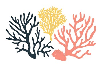 Set of blue and red watercolor corals. Hand drawn coral reef. isolated on white background