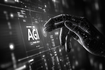 a detailed robotic hand touches a glowing agi interface surrounded by futuristic digital data and high-tech visuals
