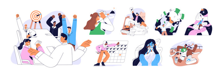 Goals achievement concept set. Determined people rushing to success, personal growth, finance aims. Leadership, ambitions, challenges, business targets. Flat isolated vector illustrations on white