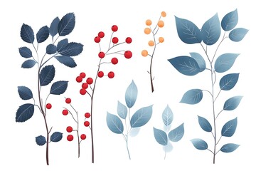 Branch with leaves and red berries. Hand drawn floral collection