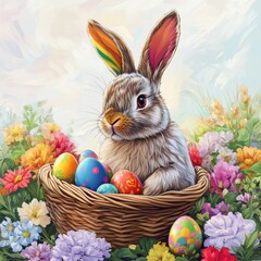 A colorful rabbit sitting in a basket of Easter eggs, surrounded by vibrant flowers in a cheerful spring setting.