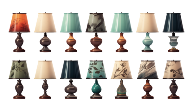 A perfect blend of retro, vintage, and modern table lamps to add warmth and character to any nightstand or bedroom space, isolated on transparent background.