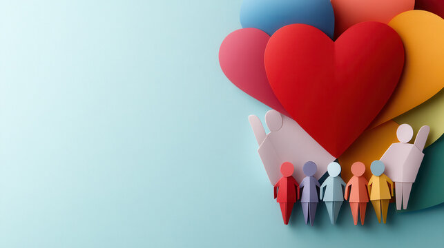 Colorful paper hearts and figures symbolize community and connection, showcasing unity and support among diverse individuals