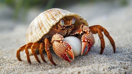 Hermit Crab Hiding in Shell on Sandy Seashore at Sunset