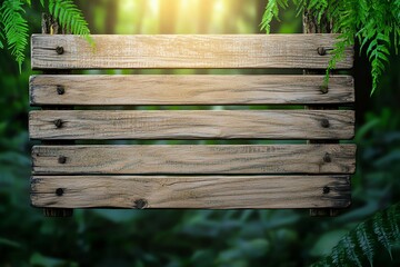 Naklejka premium A rustic wooden sign hangs in a lush green forest, illuminated by soft sunlight filtering through leaves.