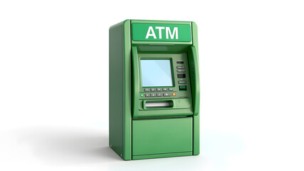 3D green ATM machine, realistic screen and buttons.