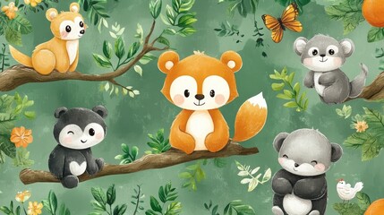 Fototapeta premium Adorable Forest Animals Seamless Pattern Cute Cartoon Wildlife Illustration