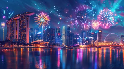 Vibrant fireworks illuminate a modern cityscape at night, reflected in calm waters.