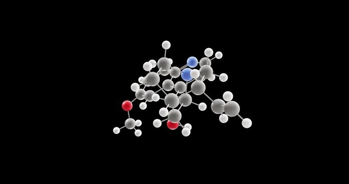 Quinine molecule, rotating 3D model of antimalarials, looped video on a black background