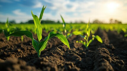 Fresh Green Corn Seedlings Growing in Fertile Agricultural Soil
