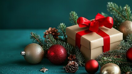 Christmas Presents Wrapped with Ribbons Surrounded by Festive Holiday Decorations