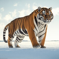 Obraz premium Majestic tiger roams through a snowy landscape, showcasing its vibrant orange and black stripes against the wintry backdrop.