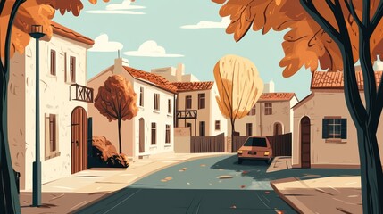 Autumnal Street Scene  Charming Houses  Car  Fall Foliage