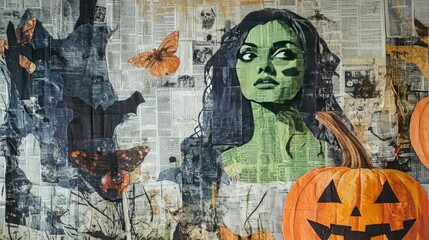 Fototapeta premium A creative collage featuring newspaper clippings with Halloween themes like pumpkins and a green woman, reflecting spooky season artistry and nostalgia