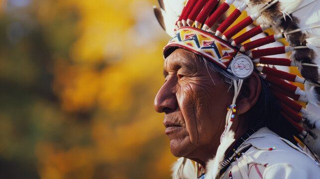 Portrait of an American Indian man wearing traditional clothing and headdress, in profile view.