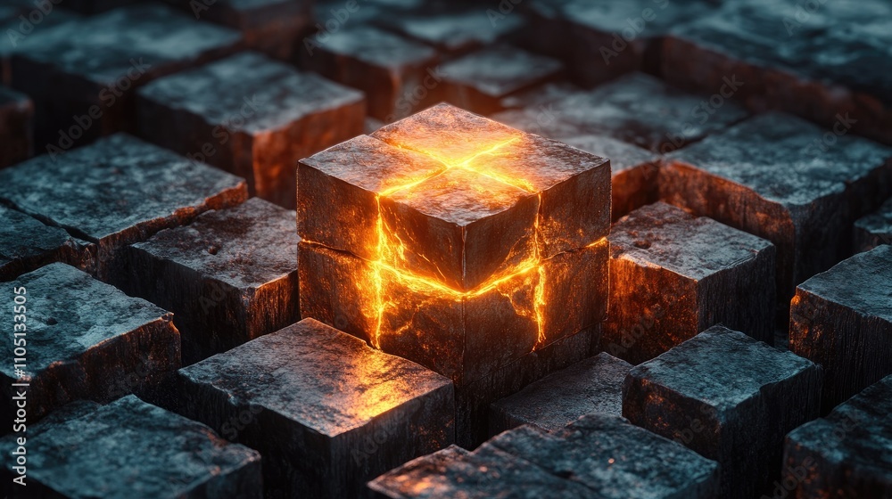 Poster a glowing cube in the midst of dark, cracked blocks, radiating energy and light, illustrating power 