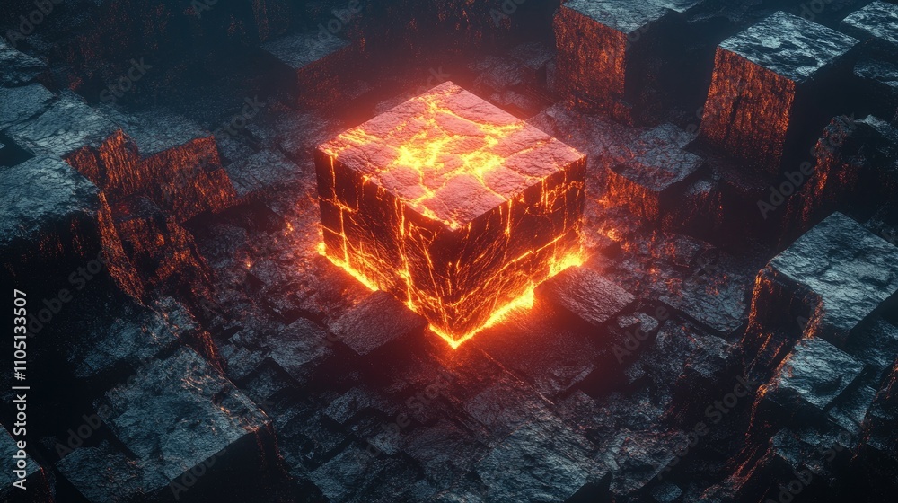 Poster A glowing central cube embedded in a field of dark, charred blocks, radiating intense heat and light, symbolizing energy amidst desolation.