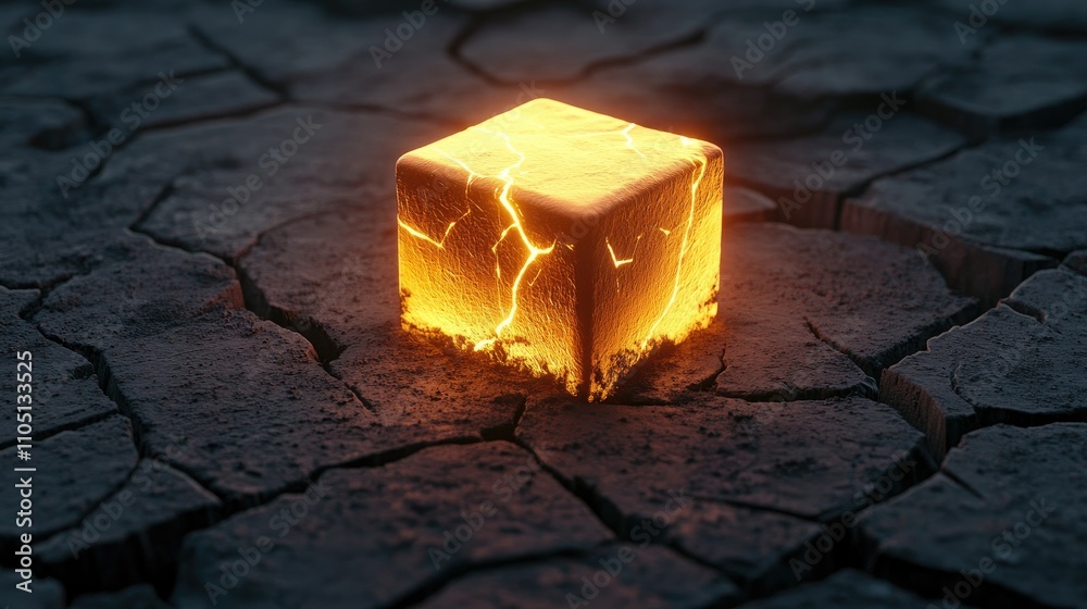 Poster a glowing cube in the midst of dark, cracked blocks, radiating energy and light, illustrating power 