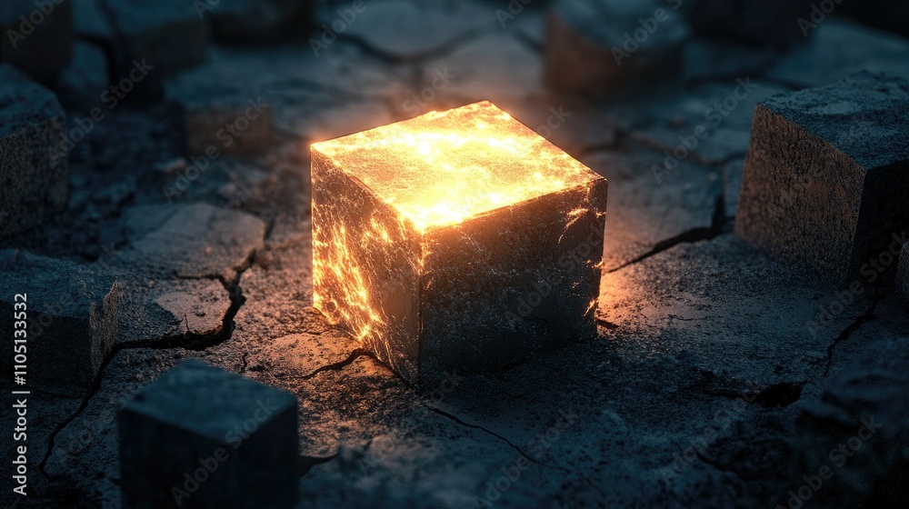 Poster a glowing cube in the midst of dark, cracked blocks, radiating energy and light, illustrating power 